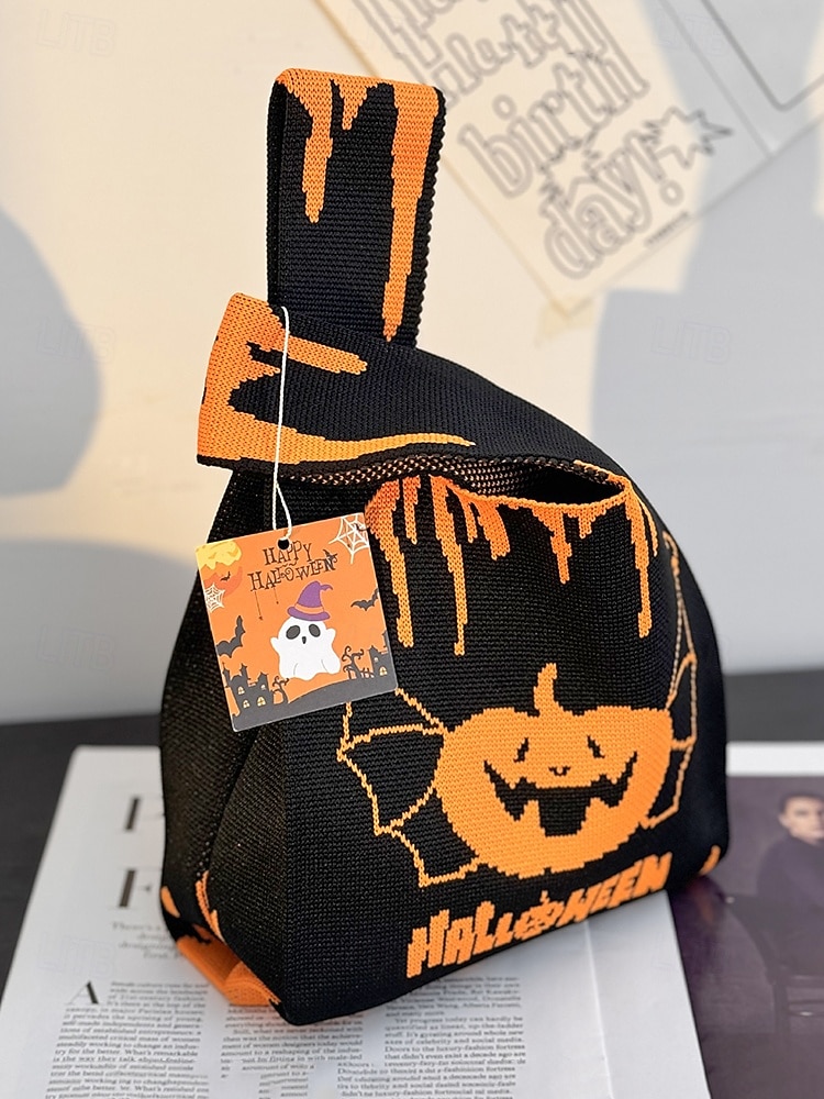 Dámská halloweenská taška – pletená kabelka se vzorem dýně a netopýra na koledování, ležérní opakovaně použitelná taška přes rameno na párty, nákupy a vánoční dárek 2025 - $9.99 –P3
