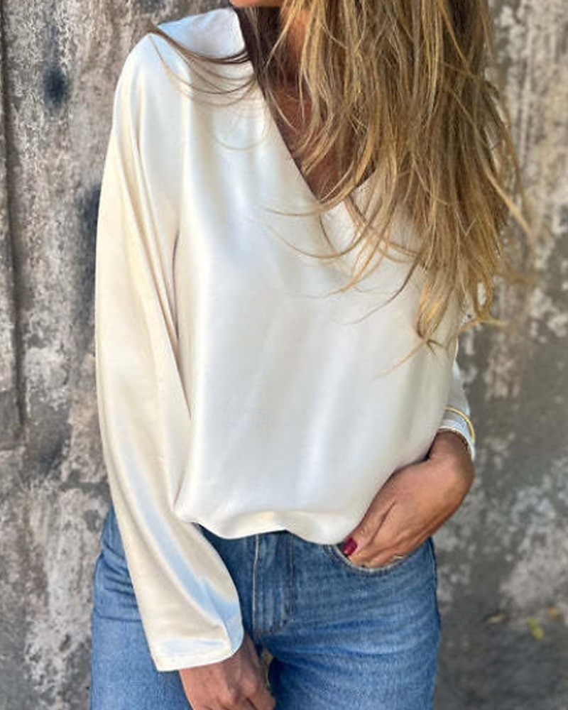 Damen Hemd Bluse Einfach Modern Lässig Langarm V Ausschnitt Normale Oberteile Täglich Ausgehen Schwarz Champagner Braun Aprikose Grau Herbst 2025 - $21.99 –P2