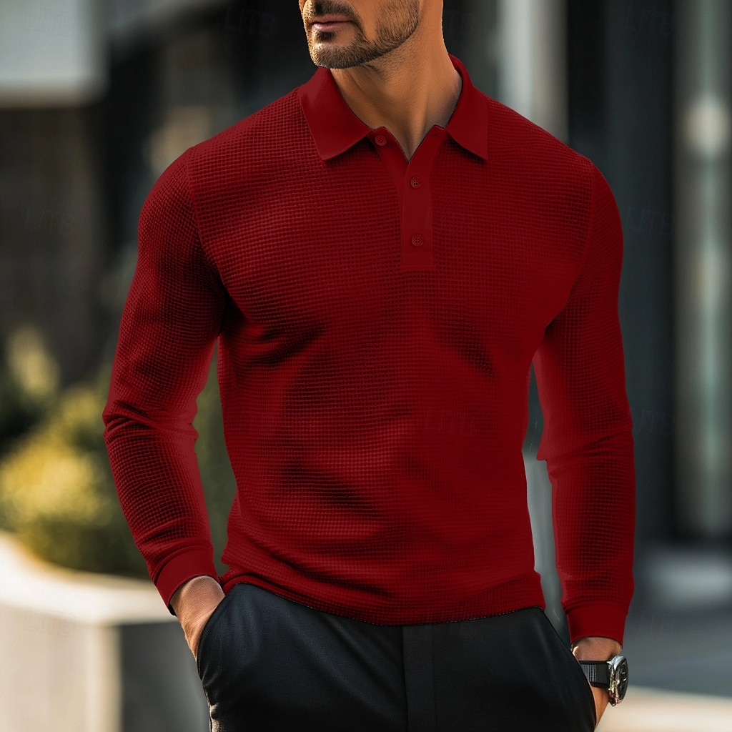 Herren Waffel-Poloshirts Golfshirt Straße Lässig Revers Langarm Basic Modern Einfach Texture Knöpfe Frühling Herbst Ganzjahres Normale Passform Weiß Schwarz Gelb Hellblau Burgunderrot Grau 2025 - $18.99 –P8