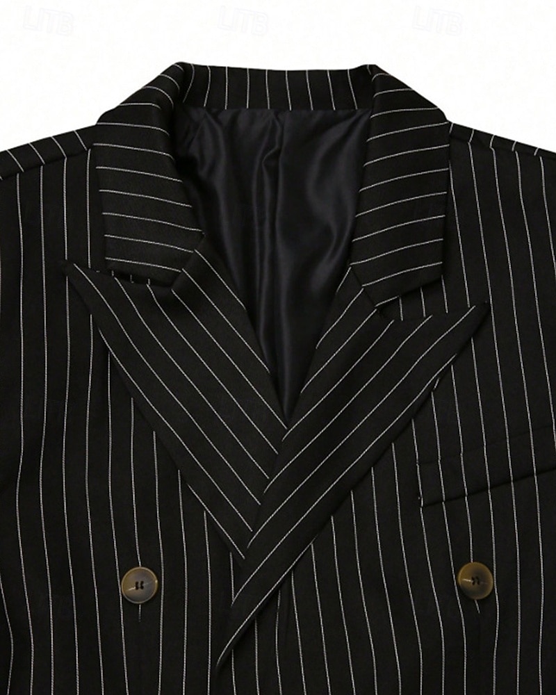 Herren Blazer Set Geschäft Cocktailparty Hochzeitsfeier 2 Stück Mode Lässig Frühling Herbst Polyester Gestreift Tasche Knöpfe Bequem Doppelreihig Blazer Schwarz 2025 - $58.99 –P5