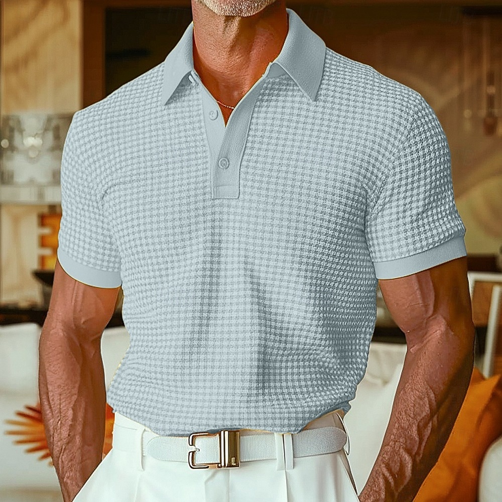 Men's Waffle Polo Shirts Polo Shirts Casual Holiday Lapel Ribbed Polo Collar Short Sleeve Fashion Basic Plain Buttons Soft Summer Spring Regular Fit White Yellow Burgundy Mint Green Green khaki 2025 - $22.99 –P19
