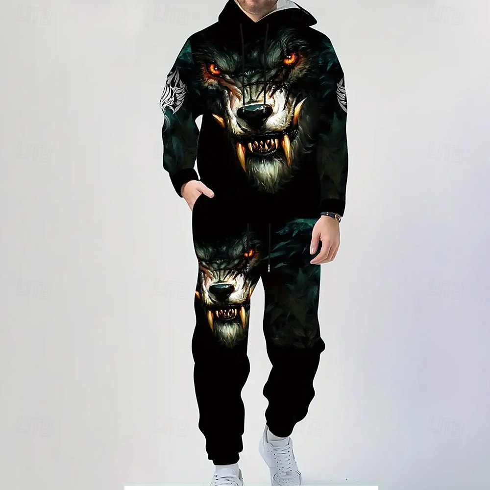 Herr Djur Varg 2st 3D-tröja set Träningsoverall Hoodie-tröja Långärmad Långa byxor Huva Ledigt vardag Trendig Fritids- 3D-utskrift Vår Höst Vinter Svart 2025 - $39.99 –P1