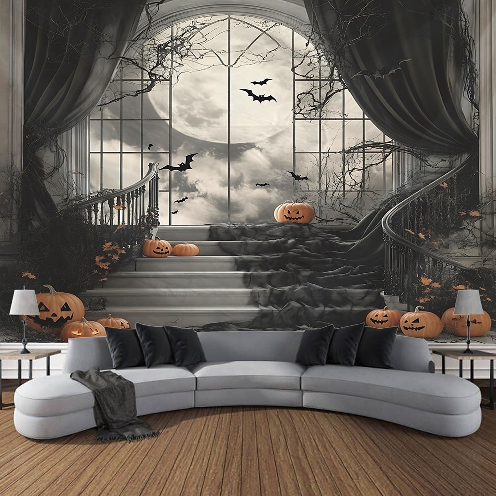 שטיח רקע ליל כל הקדושים, תליית קיר של טירת רפאים בלילה, דלעת מכשפה, ציור קיר דקורטיבי גדול לחדר שינה, סלון, מסיבה וקישוט הבית 2025 - $14.99 –P7