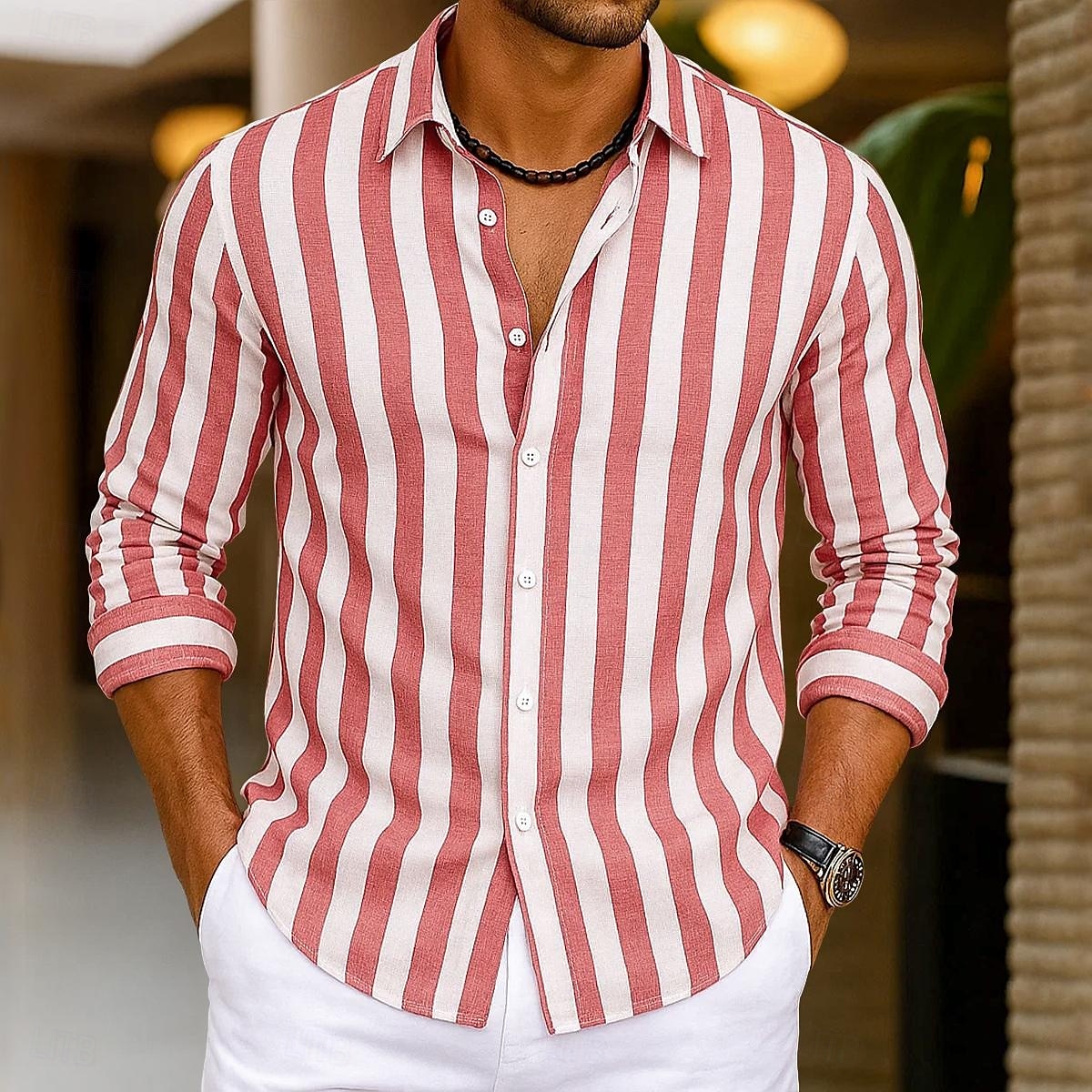 Per uomo Camicia Camicia di lino Camicia Estiva Camicia da Spiaggia Camicia in cotone e lino Camicie a righe A righe Vacanza Casuale Giallo Rosa Blu Verde Manica Lunga Collo ripiegato Estate Primavera del 2025 a $20.99 –P1