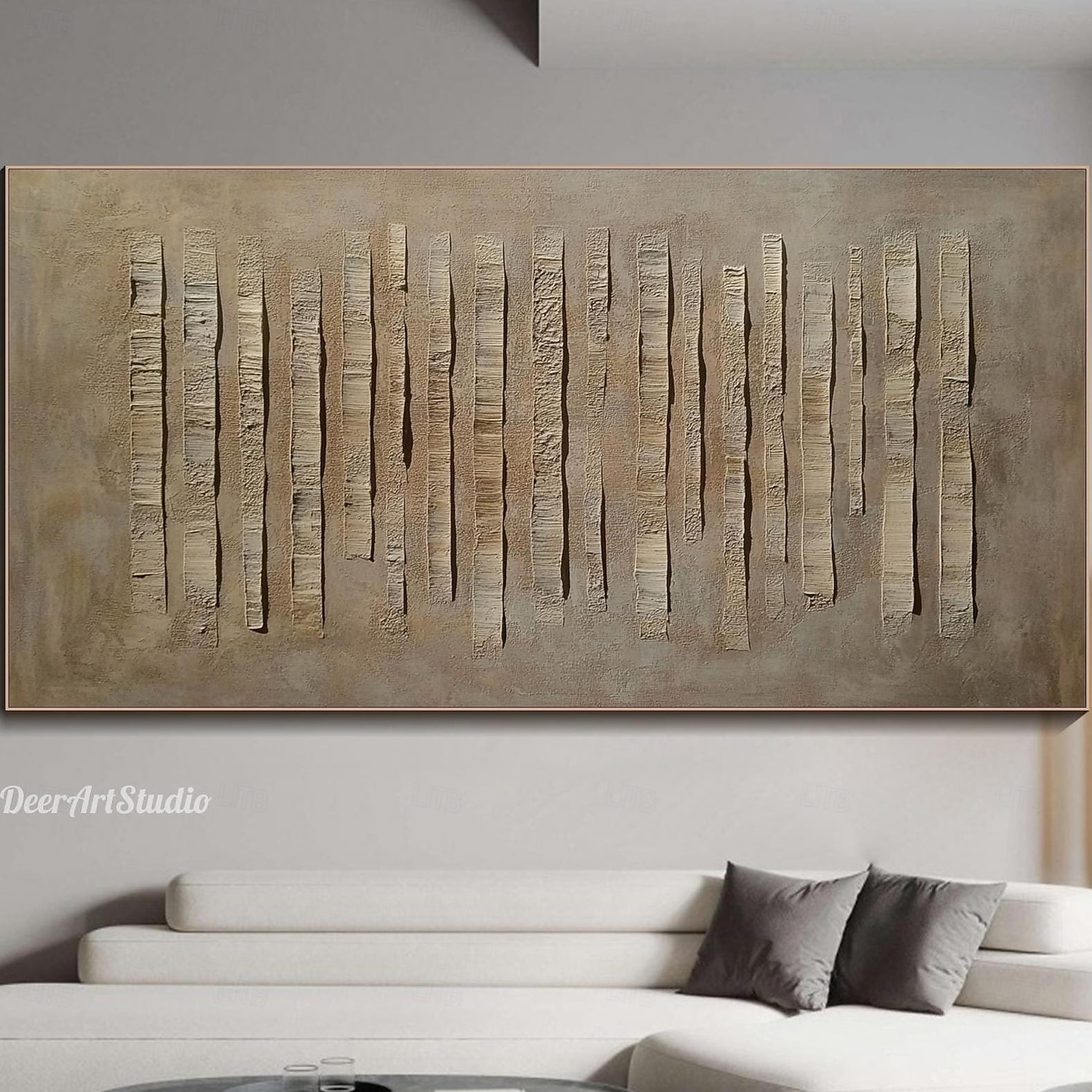 Stort 3D-teksturert abstrakt maleri moderne minimalistisk kunstverk nøytral jordfarget lerretskunst organisk geometrisk veggkunst stuedekor 2026 - $63.99 –P1