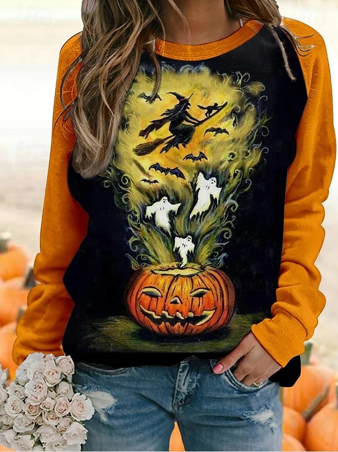 Halloween Felpa Donna Con Cappuccio Zucca Strega Moda Casual Manica Lunga Collo Giro Normale Top Casual Stampa Nera Bianca Gialla Arancione Estate Primavera Autunno del 2025 a $25.99 –P1
