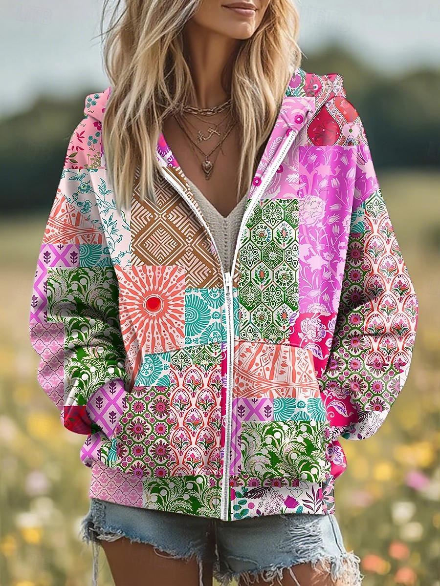 Kvinners 3D Print Zip Up Hetter Blomster Grafisk Motemessig Kledelig Langermet Hetter Vanlige Topper Gate Hverdagsklær Patchwork Glidelås Lomme Gul Rosa Blå Lilla Grønn Vår Høst 2025 - $26.99 –P3