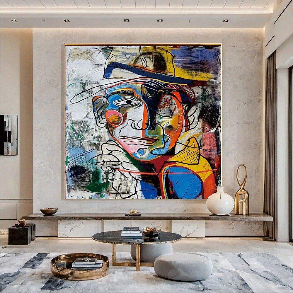 pintura a óleo feita à mão, retrato abstrato, arte, bloqueio de cores em negrito, arte expressionista moderna, paleta vibrante, contraste, azul, amarelo, vermelho, pinceladas expressivas, tela de 2025 por $201.49 –P7