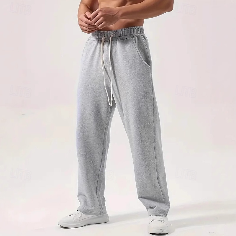 2025年 男性用 スウェットパンツ ワイドレッグスウェットパンツ ズボン オープンボトムスウェットパンツ ドローストリング 弾性ウエスト まっすぐな足 平織り 吸汗性 高通気性 全長 アウトドア カジュアル 日常 ファッション ストリートファッション ブラック ライト  コレクション – $16.49 –P1