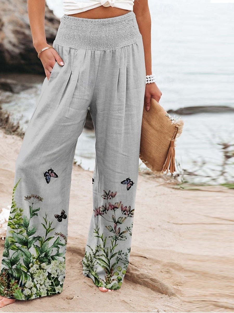 Per donna Pantaloni in cotone e lino Gamba larga Chinos Vacanza Vintage Stile Etnico Lunghezza intera Vita Alta Floreale Tasca Elastico in vita Stampa Comodità All'aperto Elasticizzato Streetwear del 2025 a $19.99 –P5