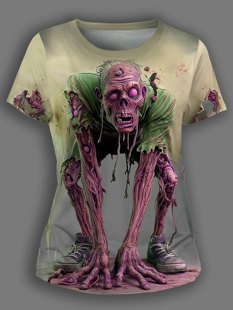 Halloween Dame T skjorte Grafisk Hodeskaller Fritid Morsom Kortermet Crew-hals Rund hals Vanlige topper Daglig Ut på byen Helg Trykt mønster Gul Blå Lilla Grønn Sommer 2025 - $19.99 –P4