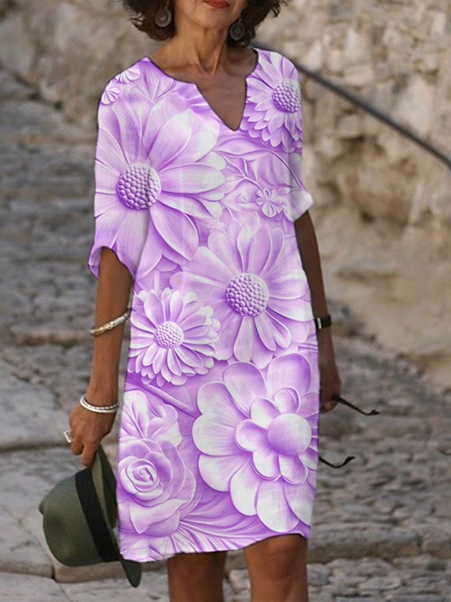 Femmes Robe Midi Robe Décontractée Robe Imprimée Mode Moderne Quotidien Plage Week-end Coupe régulière Fleuri Manche 3/4 Col ras du cou Jaune Bleu Violet Gris Été Printemps Automne de 2025 ? $21.99 –P3