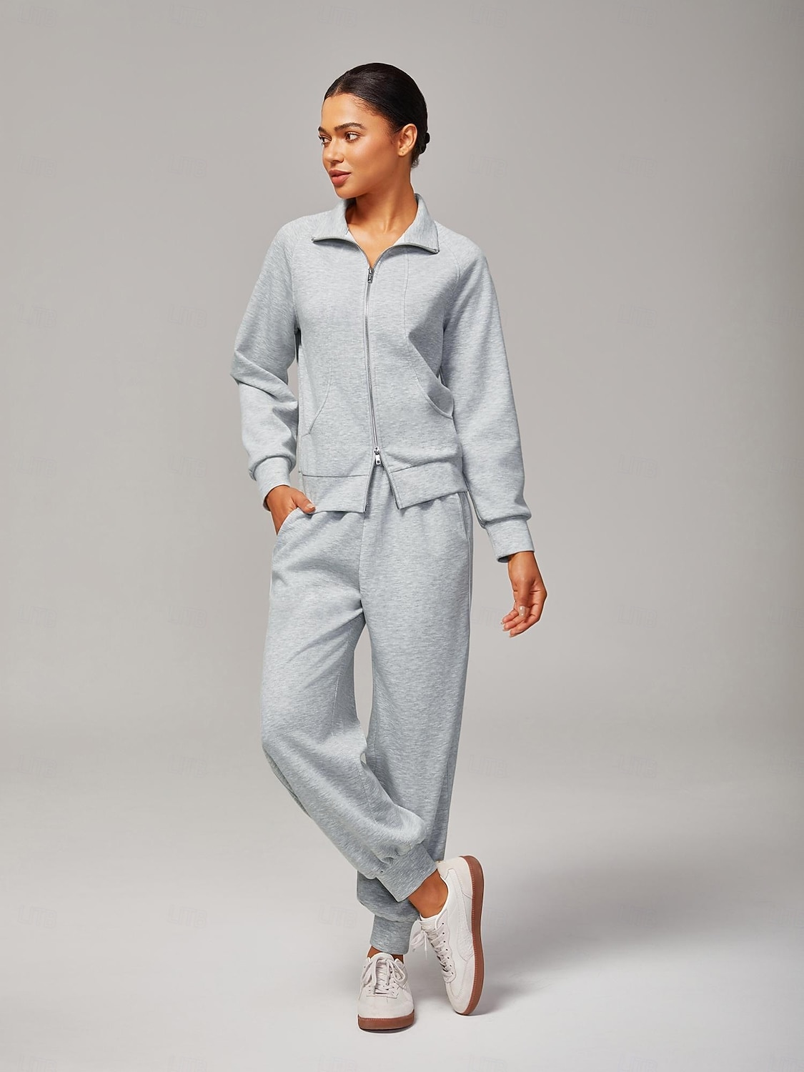 Jachetă tricotată elastică gri melanj pentru femei, guler înalt, buzunare duble cu fermoar, elegantă, confortabilă, din bumbac, casual, pentru lucru zilnic, versatilă, toamnă 2025 - $72.99 –P1