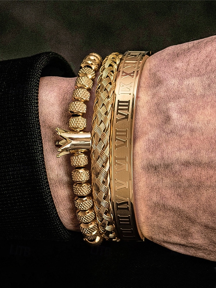 set di bracciali da uomo in acciaio inossidabile dorato: bracciale a 3 pezzi con corona di perline, polsino intrecciato e bracciale con numeri romani per abiti alla moda, feste e occasioni speciali del 2025 a $18.99 –P1