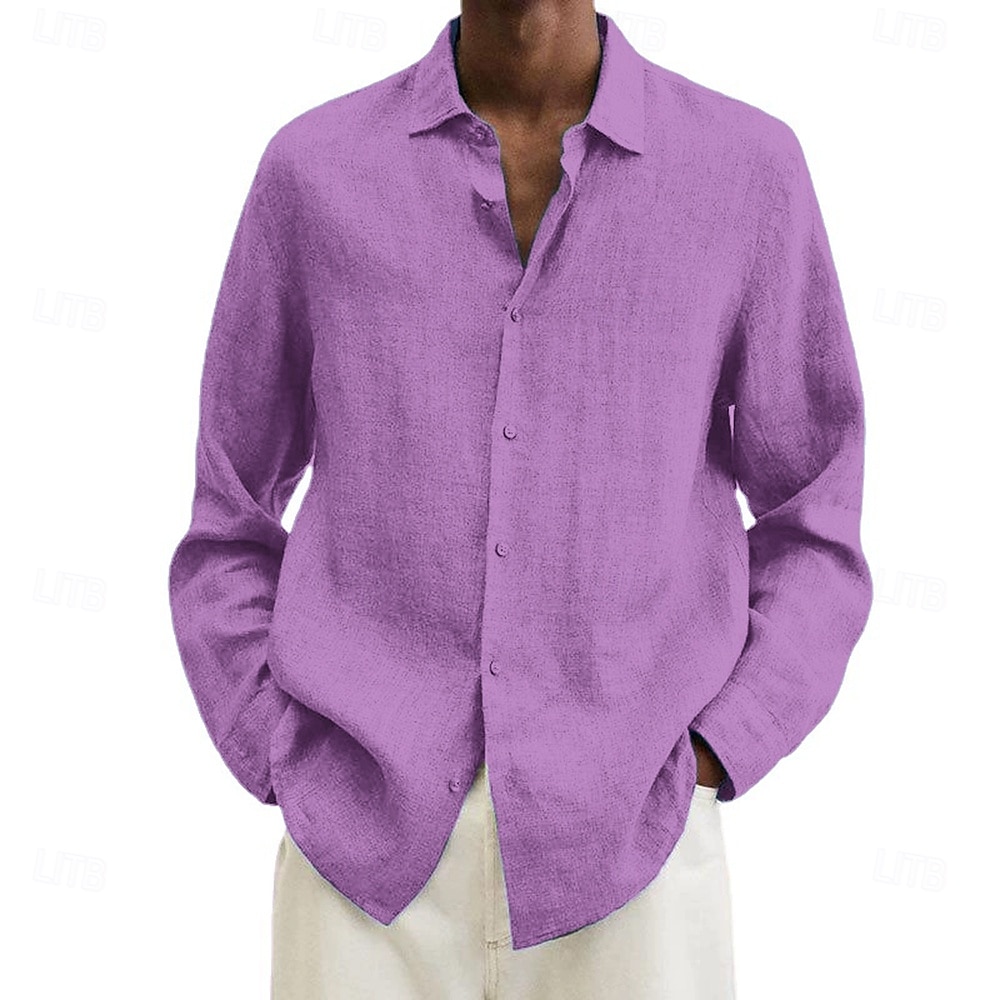 Camicia da uomo in cotone e lino, nera, rosa, blu navy, manica lunga, tinta unita, stile turndown, abbigliamento da vacanza, abbigliamento in poliestere, moda casual del 2025 a $19.49 –P12
