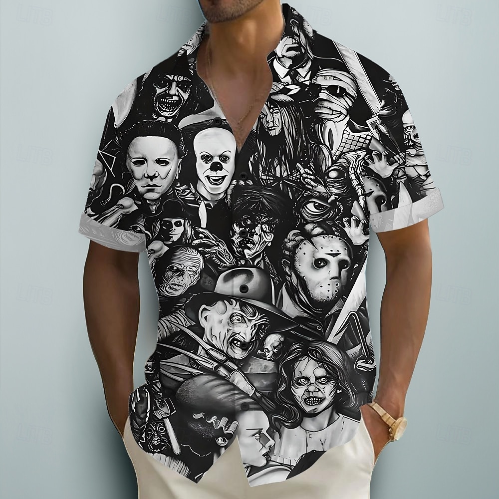 Herren Gruseliger Clown Retro Clownsmaske Hemd Sommerhemd Knopfhemd Kurzarm Dark Punk Gothic Ferien Streetwear Sommer Umlegekragen 3D-Druck Leinenähnliches Hemd Schwarz 2026 - $25.99 –P1