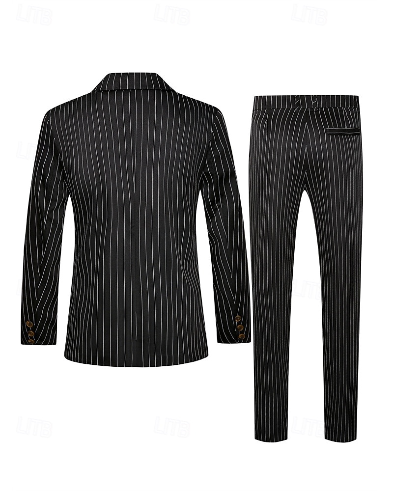 Herren Blazer Set Geschäft Cocktailparty Hochzeitsfeier 2 Stück Mode Lässig Frühling Herbst Polyester Gestreift Tasche Knöpfe Bequem Doppelreihig Blazer Schwarz 2025 - $58.99 –P4
