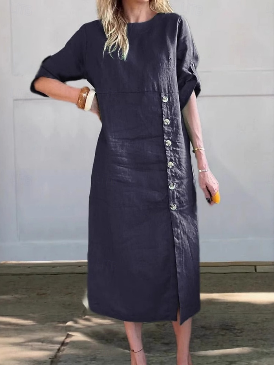 Pentru femei Rochii Midi Rochie casual Rochie din in bumbac De Bază Modern Zilnic Sfârșit de săptămână Fit regulat Simplu Lungime Manșon 3/4 Stil Nautic Negru Galben Albastru piscină Maro Var 2025 - $28.99 –P4