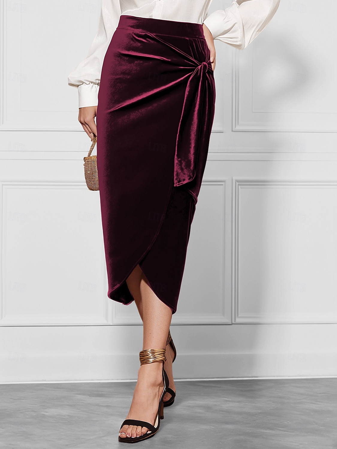 Femmes Jupe Élégant ancien Mode Sexy Midi Taille Moyenne Jupes Uni Froncé Fendu Micro-Élastique École Noël Rouge bordeaux Printemps Polyester Velours de 2025 ? $26.99 –P3