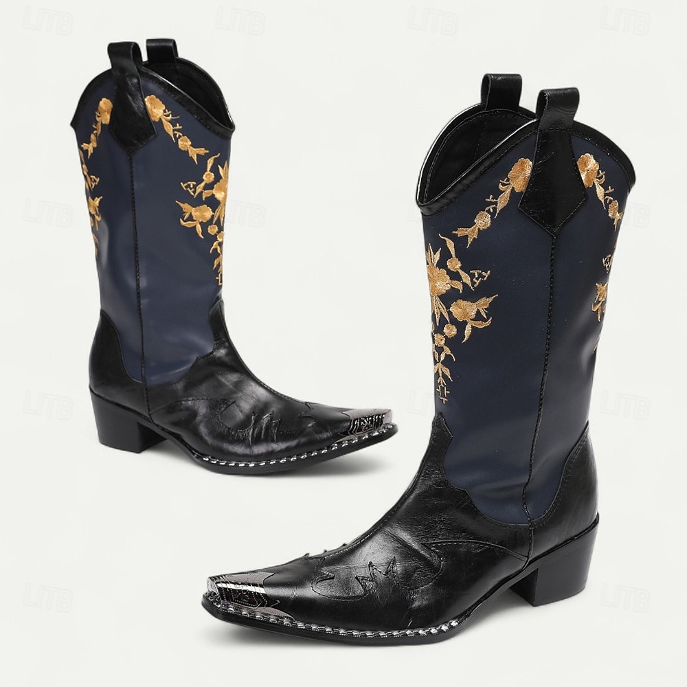 Men's Navy and Black Cowboy Boots with Gold Embroidery – Elegant Western Boots for Stage Performances, Country Celebrations and Themed Parties 2026 - $199.99 –P5