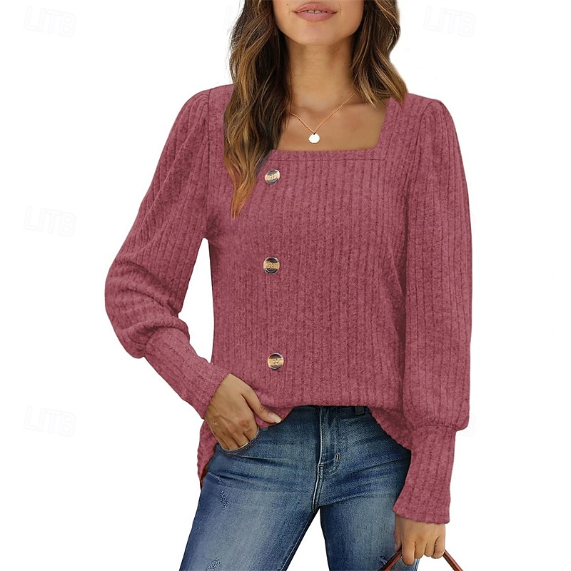Femmes Chemisier texturé T-shirt Uni Mode Moderne manche longue Col carré Hauts Réguliers Quotidien Sortir Boutons Bordeaux Noir Rouge Marron clair Bleu Printemps Automne de 2025 ? $21.99 –P6