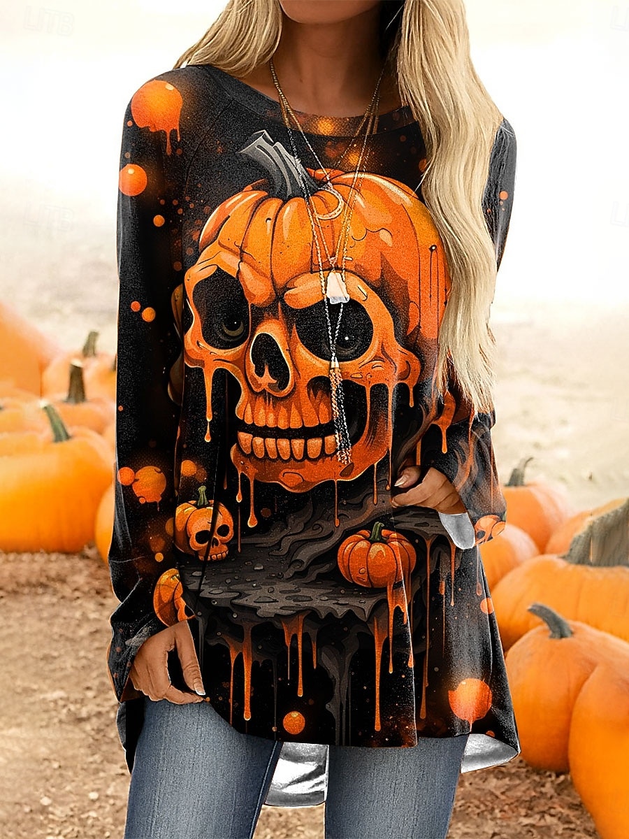 Halloween Dame T skjorte Grafisk Hodeskaller Gresskar Årgang Stilfull Fritid Langermet Crew-hals Vanlige topper Daglig Trykt mønster Rosa Blå Oransje Grønn Grå Vår Høst 2025 - $24.99 –P1