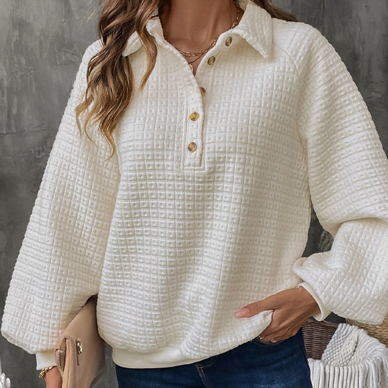 Hanorac textură pentru femei, hanorac tip waffle, pulover, hanorace, streetwear, simplu, casual, mânecă lungă, decolteu în V, topuri regulate, ieșiri în oraș, nasturi, bej, toamnă 2025 - $31.99 –P1