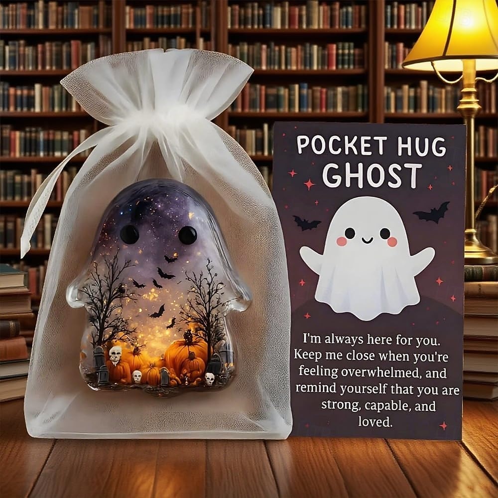 Halloween kapesní objetí duch s povzbudivou kartičkou roztomilý mini přívěsek inspirativní dárek pro přátele ručně vyřezávaná drahokamová socha ducha pro dekoraci domácího stolu 2025 - $19.99 –P8