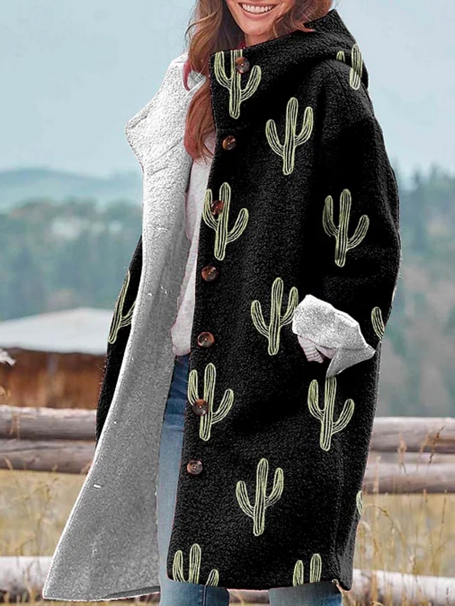 Dame Vinterjakke Fleece-jakke Frakk Hold Varm Pustende Lomme Knapper Trykt mønster Aktiv Daglig Fritid Dyr Feriereise Gate Daglig Enkeltkneppet Lang Hettegenser Normal Langermet Yttertøy Svart Hvit 2025 - $46.99 –P6