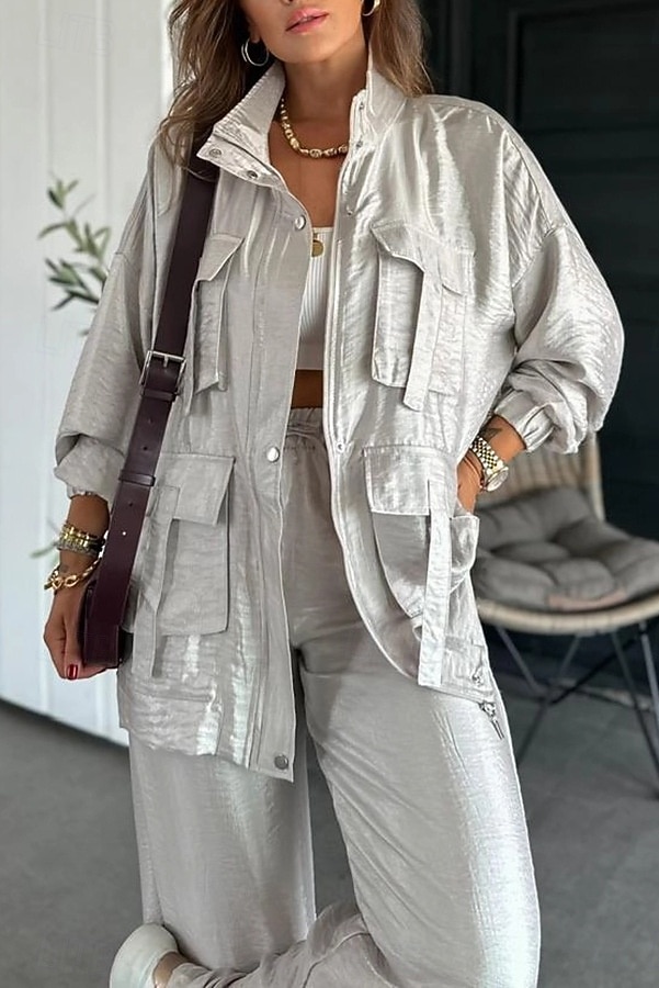 Naisten Puvut Mukava Kurenauha Tasku Täysi vetoketju Urheilu Muoti Päivittäin Retro Tavallinen Koulu Loma Koti Toimisto Cardigan Normaali Stand-kaula-aukko Loose Fit Pitkähihainen Päällysvaatteet 2025 - $49.99 –P3