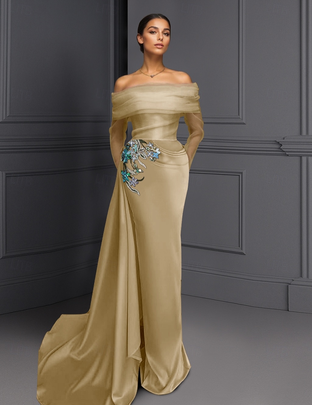 abito da sera elegante blu nero con scollo a V, in raso elasticizzato, con spacco arricciato e perline, lunghezza al pavimento, manica lunga, abito formale da sposa 2025 del 2025 a $149.99 –P3
