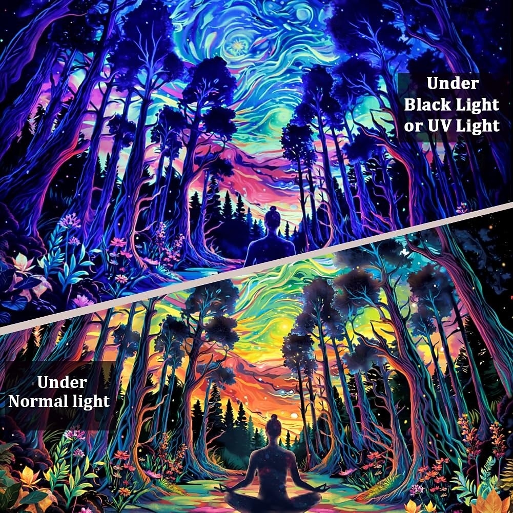 Schwarzlicht-Wandteppich mit psychedelischem Wald und Meditation, UV-reaktiv, kosmische Galaxie, Sternenhimmel, Wandkunst, Wandteppich, trippiges Yoga, spirituelles Chakra, Wandbehang, Wandteppiche 2026 - $17.99 –P7