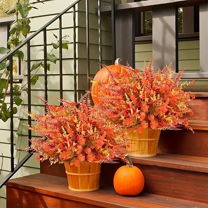 6 связок искусственных осенних цветов, устойчивых к ультрафиолетовому излучению, искусственные растения оранжевого, желтого, коричневого и красного цветов, прочный пластиковый осенний букет для декора 2026 - $17.99 –P2