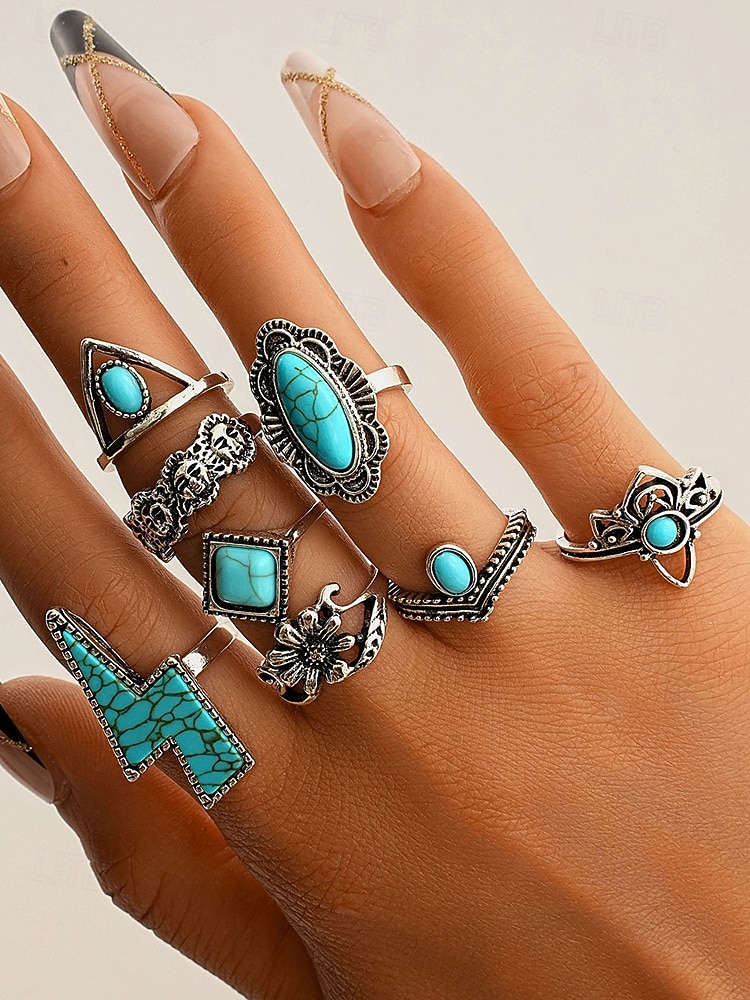 Women's Turquoise Ring Set - Multi-Piece Set of Vintage Bohemian Alloy Jewelry for Women's Holidays, Beach Vacations and Everyday Wear 2025 - $8.39 –P13