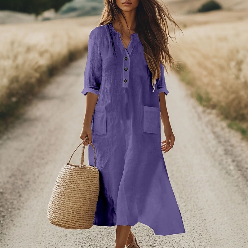 Per donna Abito Midi Abito Camicia Abito in cotone e lino Classico Moderno All'aperto Vacanza Uscire Vestibilità regolare Semplice Manica Lunga Scollo a V Nero Viola Arancione Azzurro Autunno del 2025 a $24.99 –P4