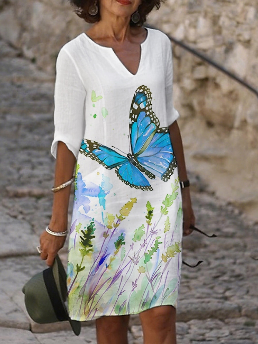 Femmes Robe Midi Robe Décontractée Robe Imprimée Mode Moderne Quotidien Plage Week-end Coupe régulière Fleuri Papillon Manche 3/4 Col ras du cou Jaune Bleu Violet Orange Été Printemps Automne de 2025 ? $21.99 –P5