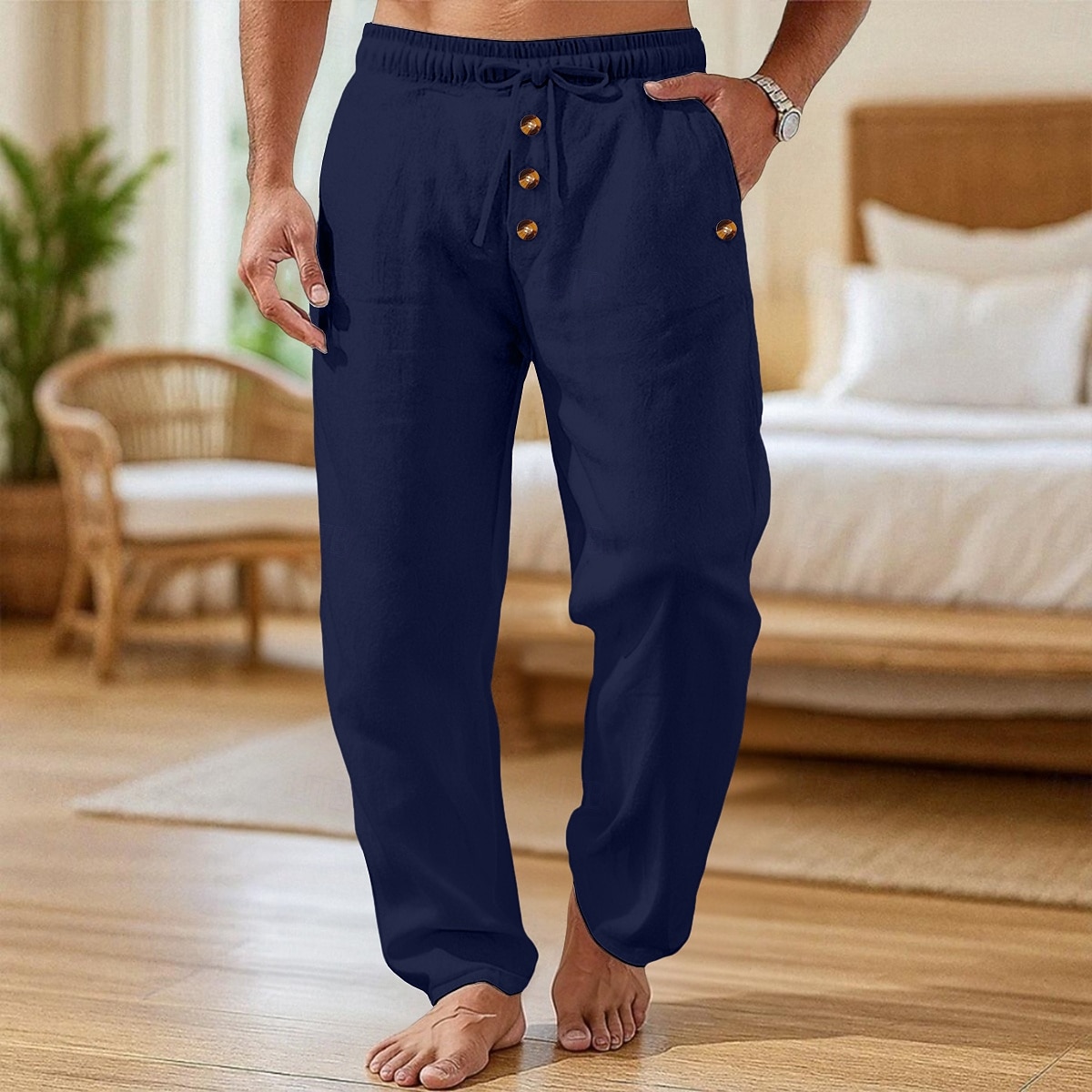 Men's Linen Pants Trousers Summer Pants Baggy Pants Beach Pants Drawstring Elastic Waist Buttons Plain Comfort Breathable Full Length Casual Daily Home Vacation Fashion Loose Fit Black White 2026 - $24.99 –P9