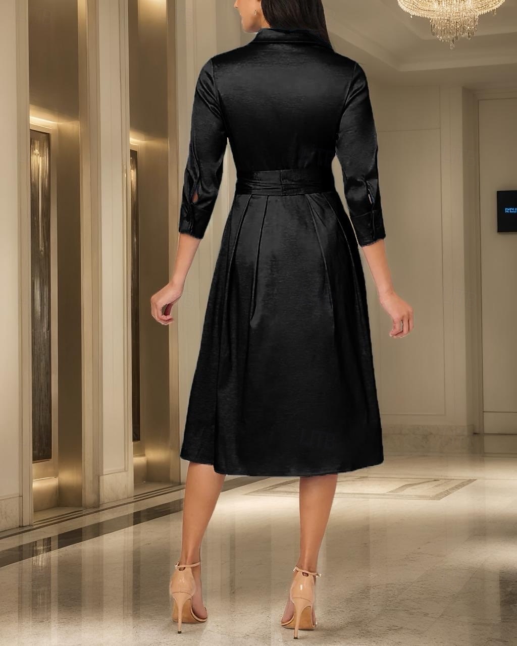 Vestido-camisa para mãe da noiva em corte A, tafetá elástico, elegante, simples e minimalista, gola estilo chá, comprimento até o joelho, tecido elástico, manga 3/4 com laço 2025 de 2025 por $127.99 –P2
