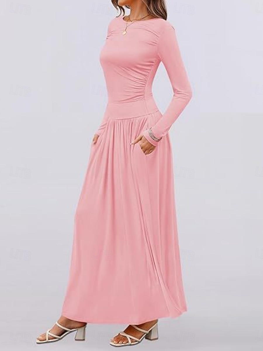 Dames Maxi-jurk Trui-jurk A lijn jurk Casual Dagelijks Normale pasvorm Effen Lange mouw Strakke ronde hals Zwart Blozend Roze Rood Bruin Lente Herfst Winter 2025 - $29.99 –P14