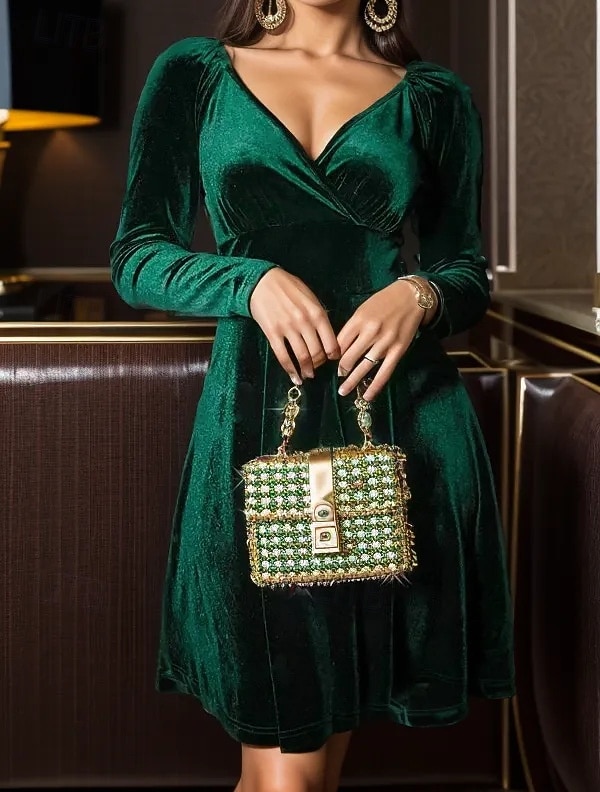 Dames Mini-jurk Schede jurk A lijn jurk Fit And Flare-jurk Feest Verjaardag Formeel Bruiloft Feest Bruiloft gast Effen Lange mouw V-hals Zwart Rood blauw Groen Lente Herfst Winter 2025 - $32.99 –P5