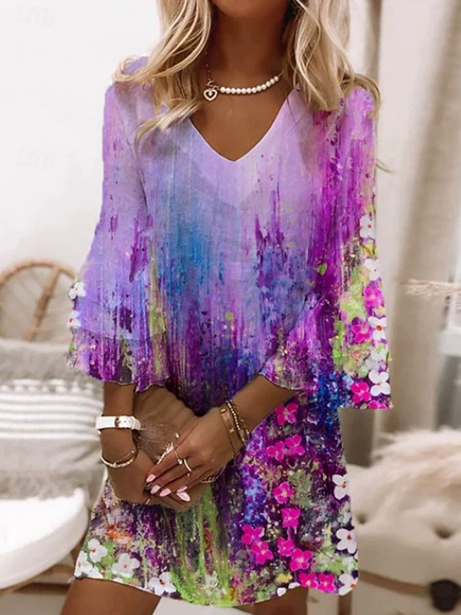 Women's Mini Dress Sundress A Line Dress Bohemia Vacation Casual Party Regular Fit Floral Graphic Abstract 3/4 Length Sleeve V Neck Pink Purple Light Blue Spring Fall 2025 - $46.99 –P3