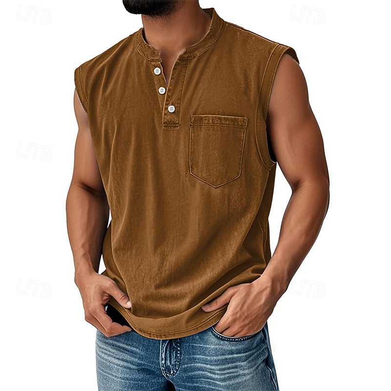 Herren Tank Top Weste Top Unterhemd Ärmellos Shirt Baumwolle Ärmellos Henley Sommer Einfarbig Mode Designer Basic Tasche Knöpfe Urlaub Street Ausgehen Schwarz Hellgrün Rosa Top Tee für Männer 2025 - $22.99 –P12