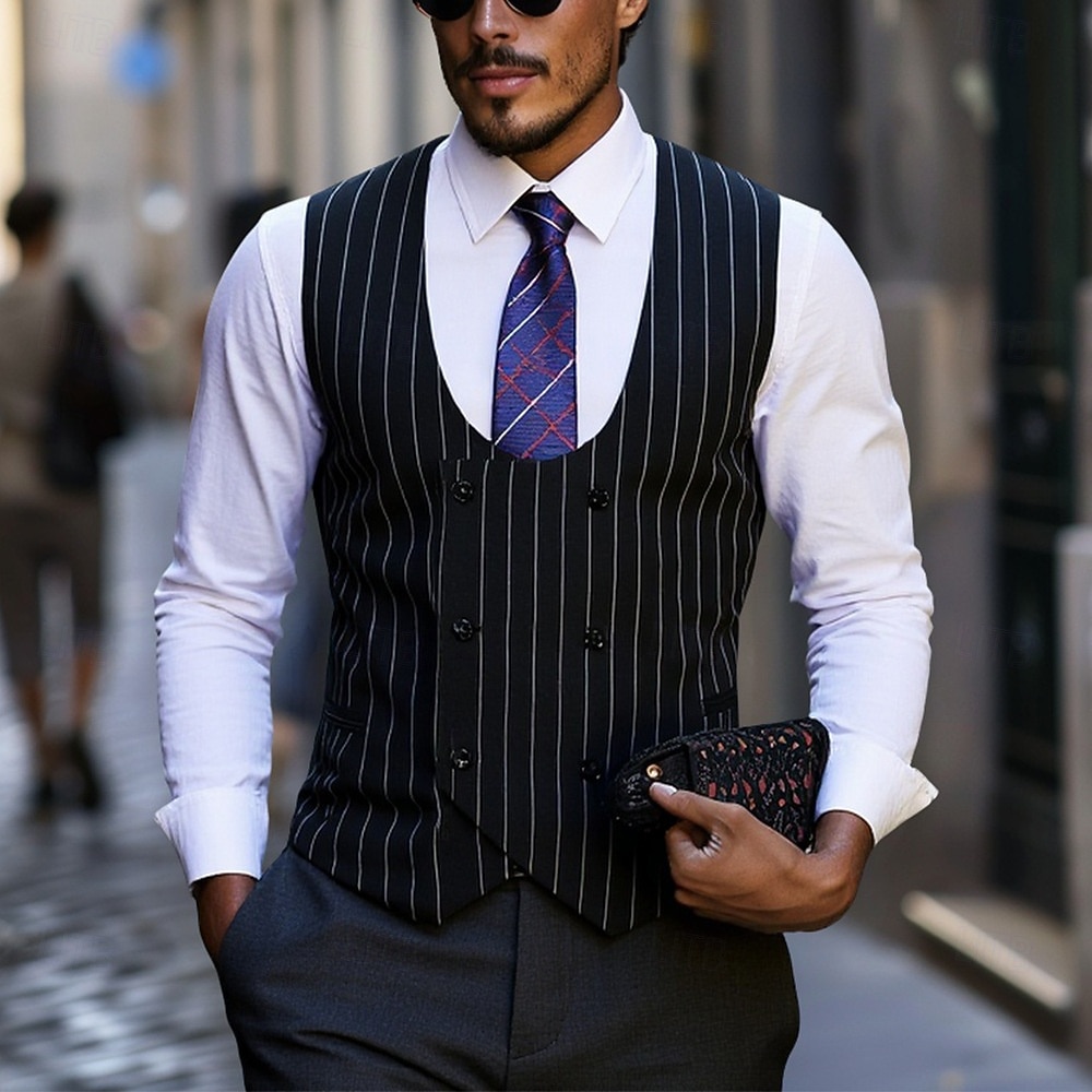 Per uomo Gilet Abbigliamento da cocktail Formale Casuale Vintage Moda Primavera Primavera & Autunno Bottoni Poliestere Confortevole Semplice A righe Doppiopetto Collo a U Vestibilità aderente Nero del 2026 a $34.99 –P1