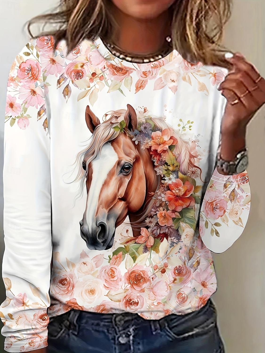 Per donna Maglietta Stampato Floreale Grafico Cavallo Vintage Elegante Classico Manica Lunga Girocollo Top Regolari Quotidiano Rosa Primavera Autunno Inverno del 2026 a $24.99 –P1