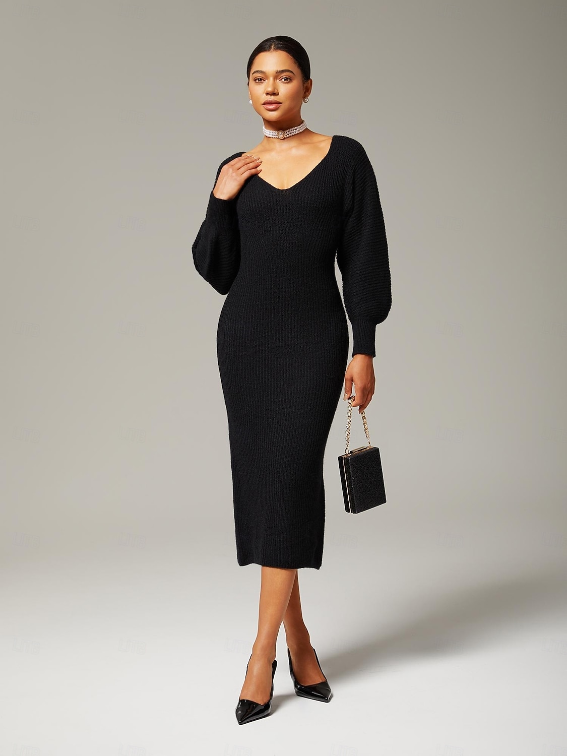 elegante abito nero in maglia da donna con scollo a cuore, maniche a lanterna che stringono la vita, aderente, elegante, quotidiano, autunno del 2025 a $71.99 –P1