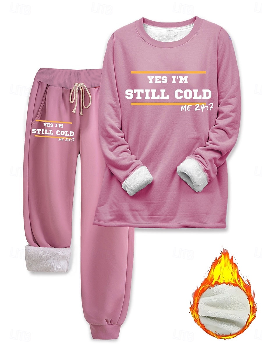Damen Pyjamas Set Fleece-Futter Elegant Warm Mode Zwei-Teile Sets Trainingsanzug Hosen Sets Langarm Bischof Ärmel Rundhals Grafik Buchstabe Druck Outdoor Urlaub Alltaglich Schwarz Pink Dunkel Pink 2025 - $41.99 –P1