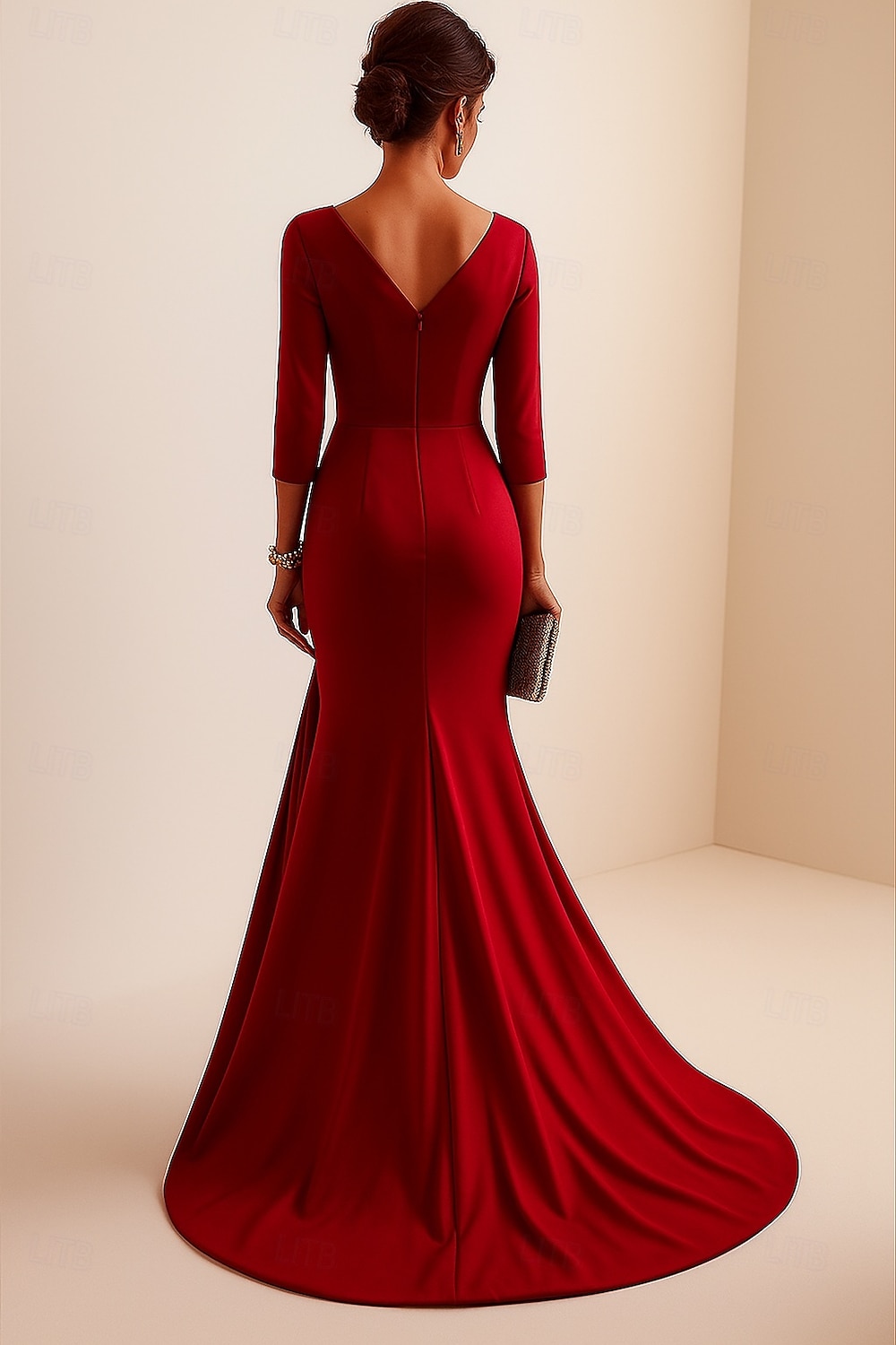 Sirena / Tromba Tubino / Colonna Abito da Sera Elegante Vestito Formale Matrimonio Lunghezza al pavimento Manica 3/4 Scollo a V Raso Schiena a V con Volant 2025 del 2025 a $139.99 –P2