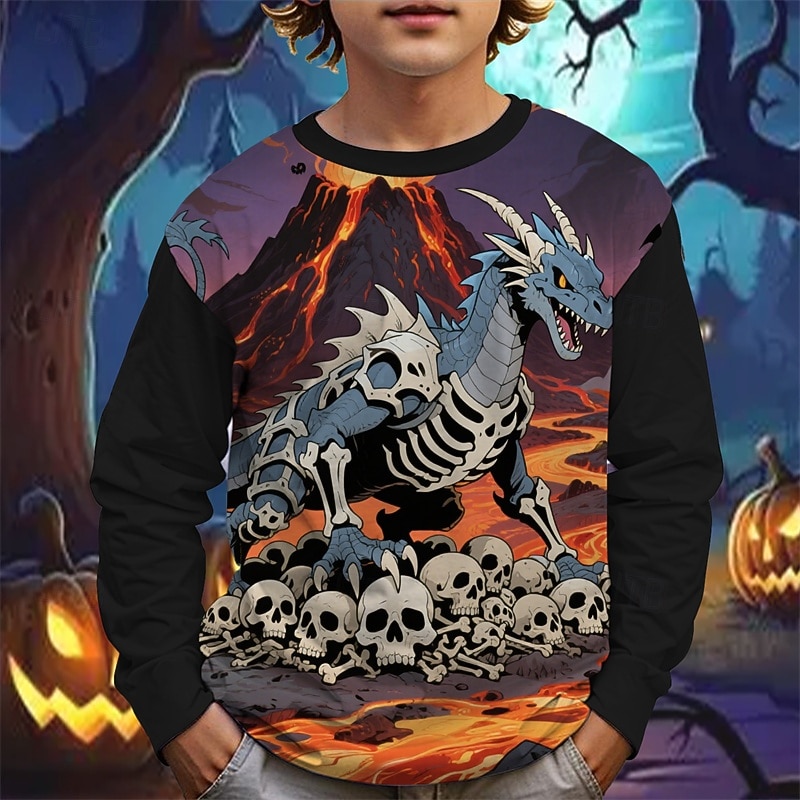 Halloween Pojkar 3D Tecknat Dödskalle Dinosaurie T-shirt Långärmad Vår Höst Mode Grundläggande Barn 4-12 år Rund hals Utomhus Ledigt Dagligen Normal 2025 - $13.99 –P1