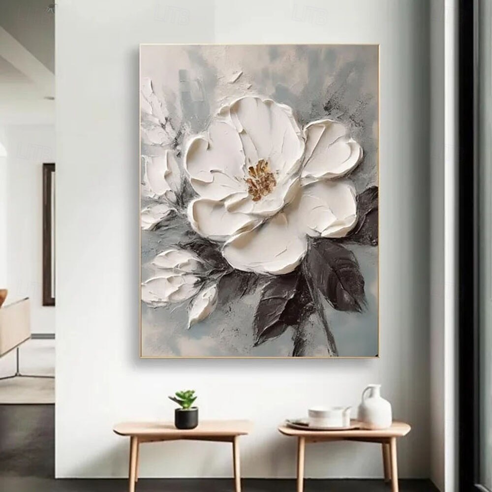 Peinture à l'huile 3D faite à la main, œuvre d'art florale blanche, teintes riches et technique d'impasto texturée mettant en valeur des fleurs vives et des coups de pinceau détaillés. Peinture à de 2025 ? $54.99 –P1