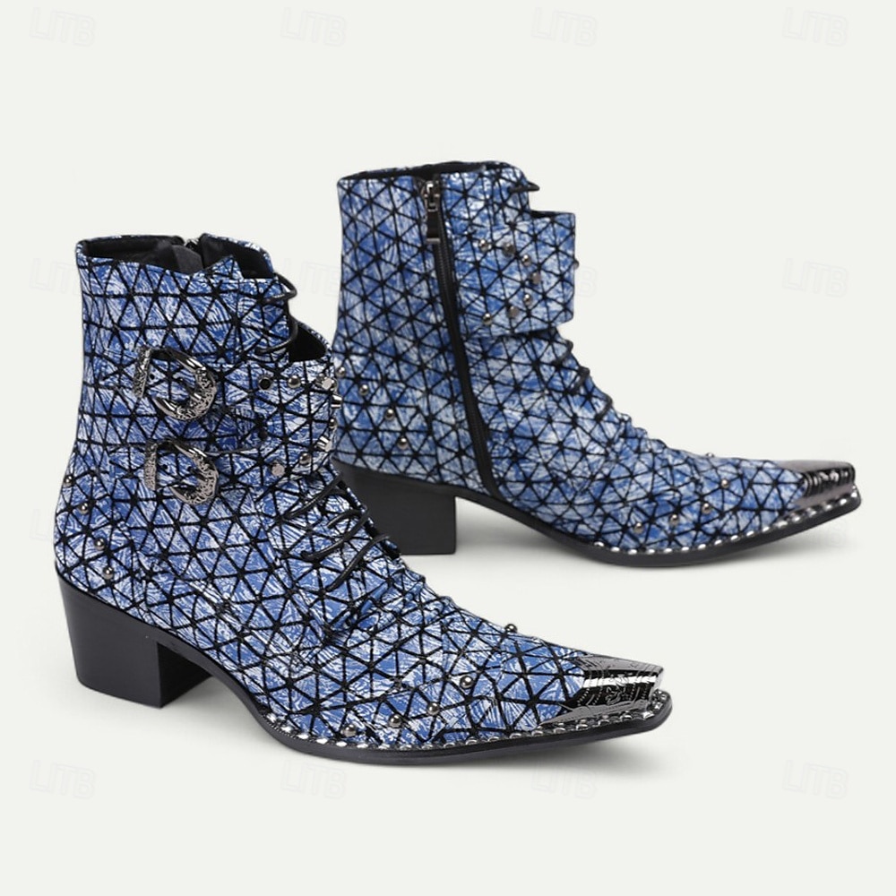 Pánské modré kotníkové boty s geometrickým potiskem – módní kovbojské boty na koncerty, streetwear a noční zábavu 2025 - $149.99 –P6